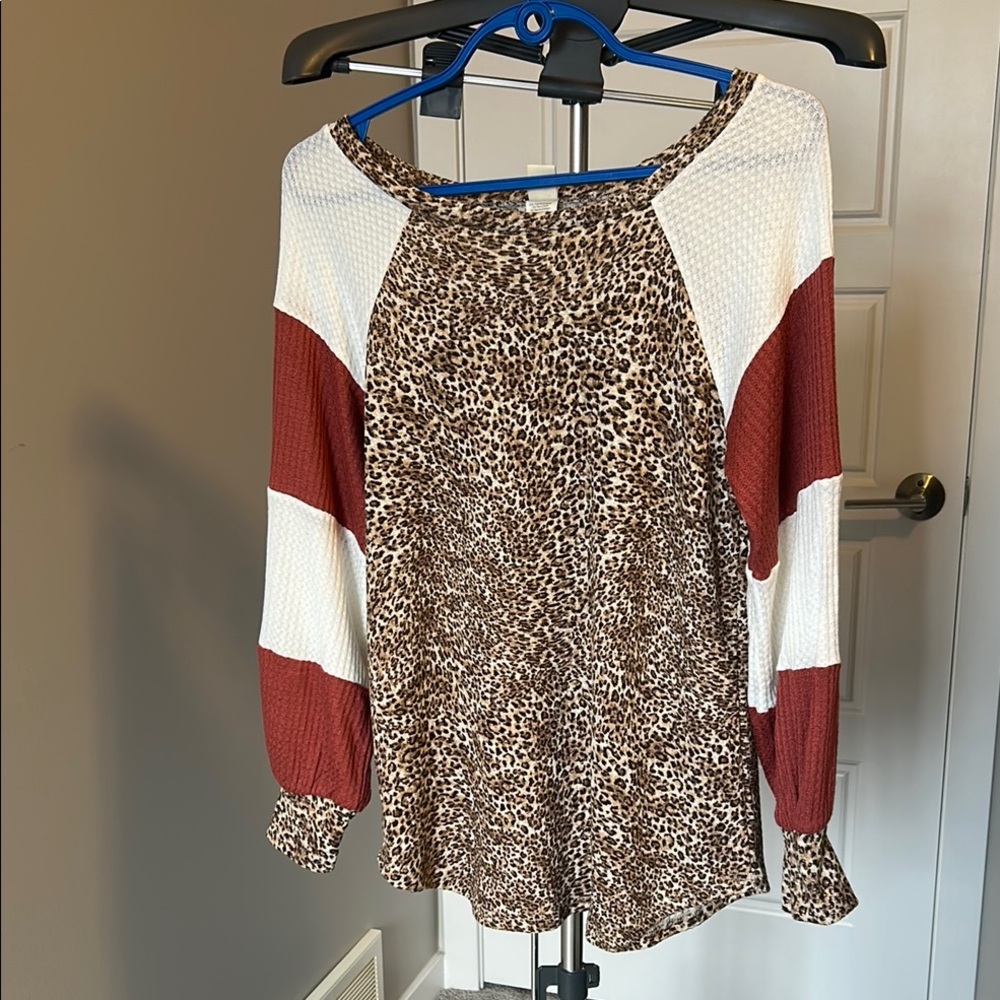 7th Ray Leopard Print Long Sleeve Top with Red and White Accents